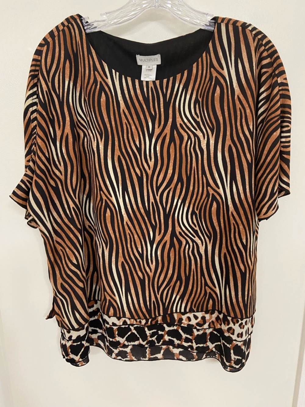 Multiples Animal-Print Short Sleeve Blouse in Brown, Black, Cream